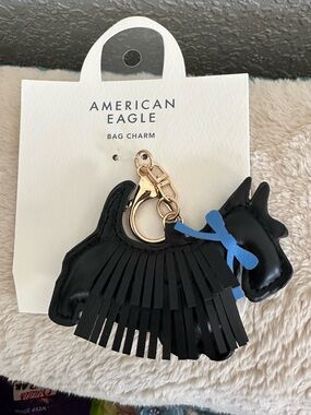 American Eagle Scottie Dog Bag Charm Keychain Keyring GoldClasp Black Fringe NWT